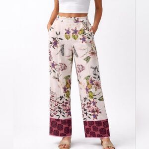 Zara White Multi Floral Wide Leg Trouser Pants Size Medium